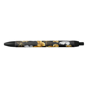 Stylo Noir Papillons blancs et dorés