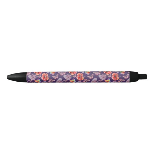 Stylo Noir Papillons et fleurs de pavot (Devant)