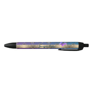 Stylo Noir Papillons violets roses avec nom