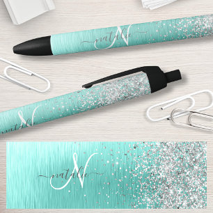 Stylo Noir Parties scintillant argentée turquoise en métal br