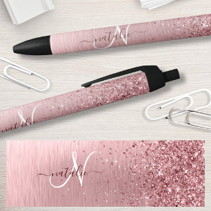 Stylo Noir Parties scintillant en métal brossé rose pâle Nom
