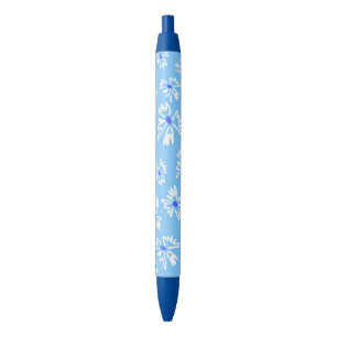 Stylo Noir Pastel Jolie Fleurs Bleues et Blanches