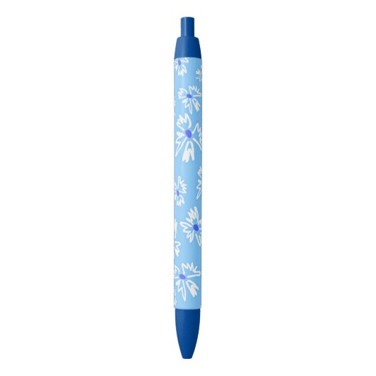 Stylo Noir Pastel Jolie Fleurs Bleues et Blanches (devant Vertical)