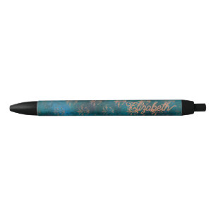 Stylo Noir Patine de cuivre grunge et damas vert-de-gris turq