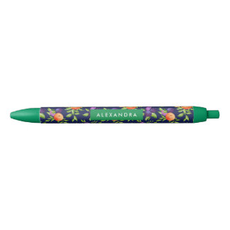 Stylo Noir Peaches Plums Purple Cute Fruit Motif botanique