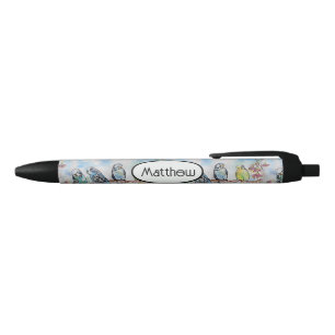 Stylo Noir Perroquet bleu Budgies Oiseaux Aquarelle Nom de ga
