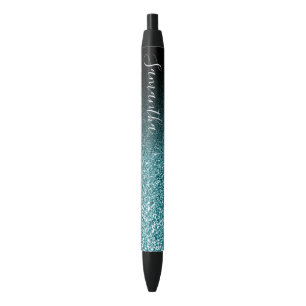 Stylo Noir Personalized Black Ombre Faux Teal Glitter