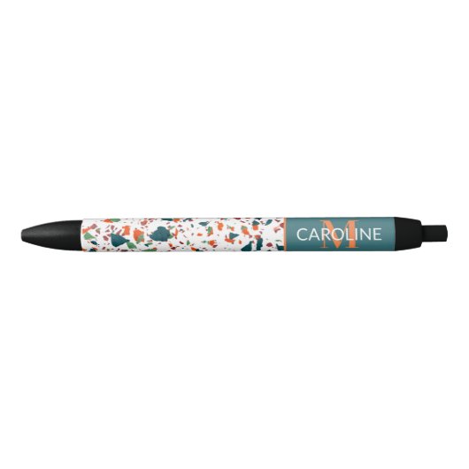 Stylo Noir Personnalisé Turquoise Bleu Vert Orange Terrazzo A (Devant)