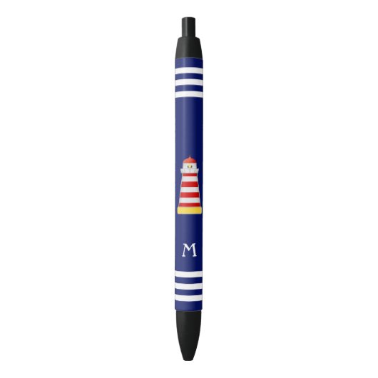 Stylo Noir Phare nautique et monogramme sur Arrière - plan bl (devant Vertical)