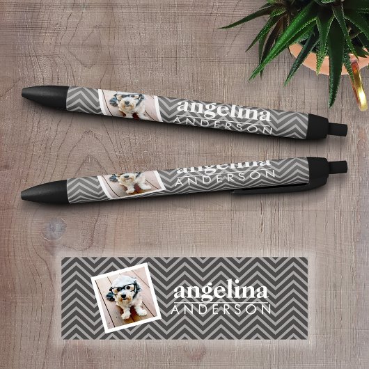 Stylo Noir Photo avec Modern Chevron Pattern and Custom Nom