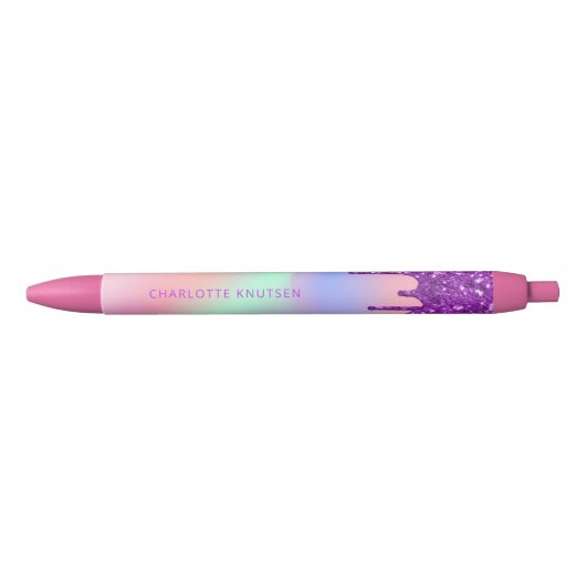 Stylo Noir Pink violet gouttes nom monogramme personnalisé (Devant)