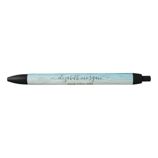 Stylo Noir Plage Été Personalisé Bleu Script Élégant (Devant)