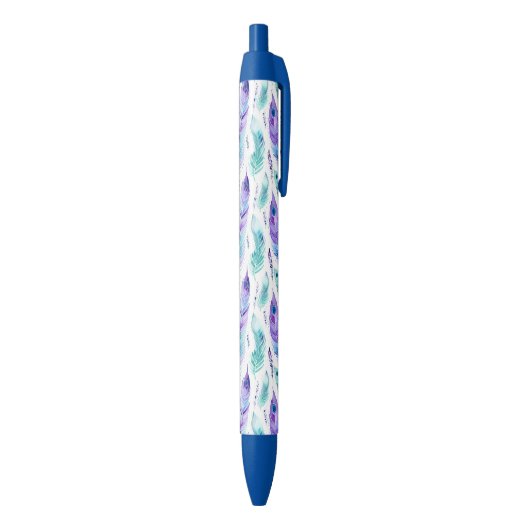 Stylo Noir Plumes de paon violet turquoise (Bas (Vertical))