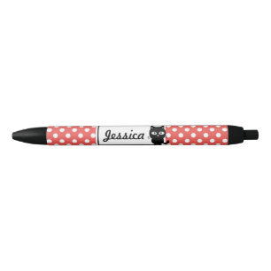 Stylo Noir Point de polka rouge et chat noir personnalisés