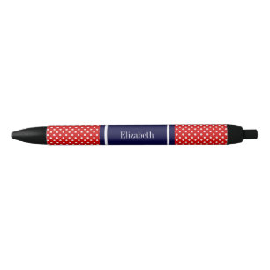 Stylo Noir Points rouges blancs Ruban bleu marine Monogramme