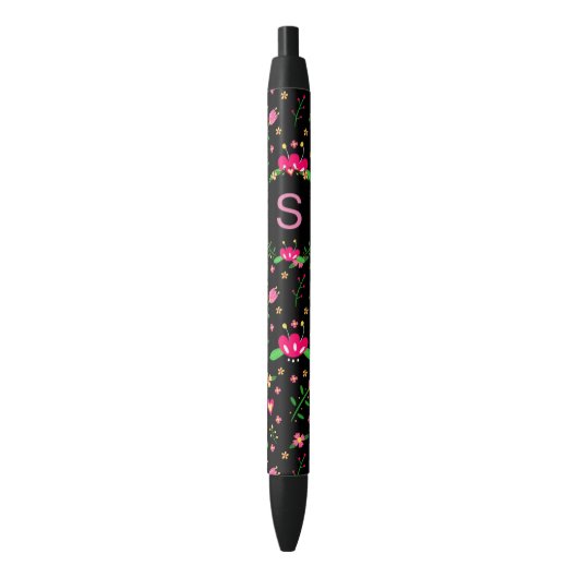 Stylo Noir Pretty Pink Floral on Black Monogram (devant Vertical)
