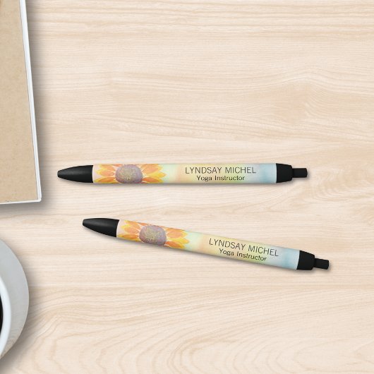 Stylo Noir Professeur de Yoga Fleur de Tournesol Personnalisé