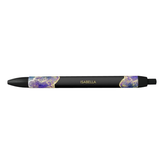 Stylo Noir Purple Faux Gold Opal Gemstone Monogramme Nom (Devant)