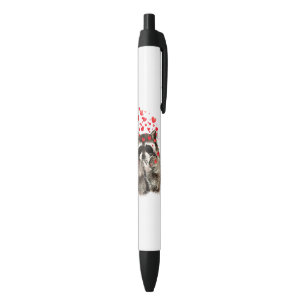 Stylo Noir Raccoon mignon soufflant Baisers Amour Coeurs Drôl