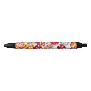 Stylo Noir Ressort tissu cousu artisanal Fleurs Multicolor