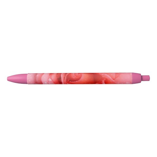 Stylo Noir Romantique Rose rose rouge gouttes d'eau (Devant)