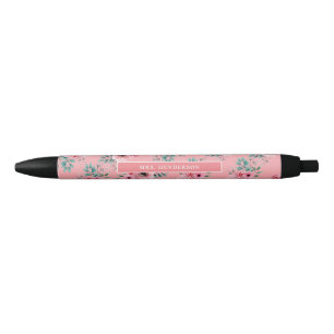 Stylo Noir Rose Chic aquarelle florale personnalisée
