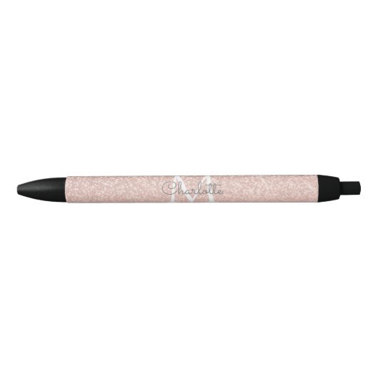 Stylo Noir Rose Gold Pailleté Blush Rose Monogramme Script (Devant)