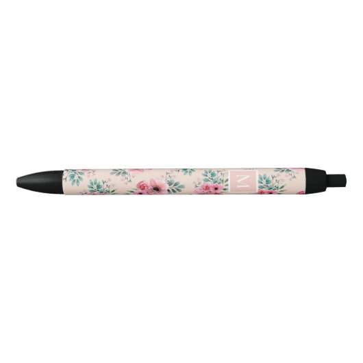 Stylo Noir Rose pâle | Chic Aquarelle Floral Monogramme (Devant)