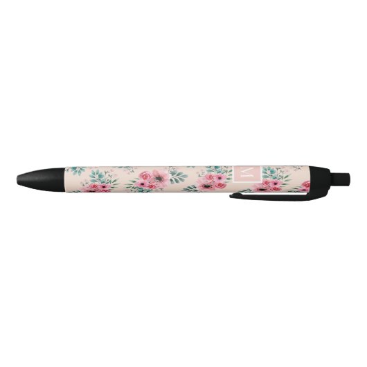Stylo Noir Rose pâle | Chic Aquarelle Floral Monogramme (Bas)