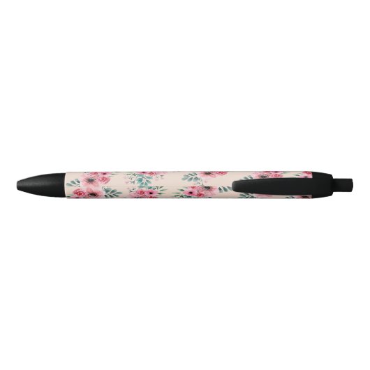 Stylo Noir Rose pâle | Chic Aquarelle Floral Monogramme (Dos)