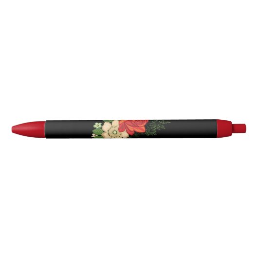 Stylo Noir Rose rouge et marguerites Arrière - plan noir (Devant)