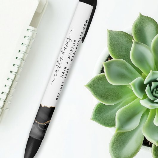 Stylo Noir Salon de style script Marbre Noir et Or Agate