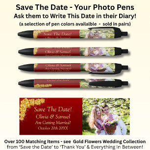 Stylo Noir Sauver la date - Photo + Fleurs dorées Rouge borde