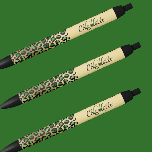 Stylo Noir Signature nominative en monogramme vert léopard or