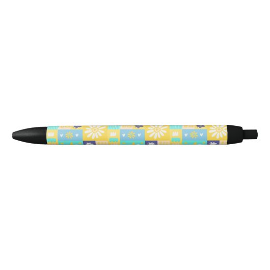 Stylo Noir Simple Élégant Fleur de Bloc Jaune (Devant)