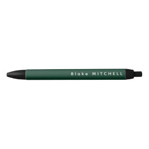 Stylo Noir Simple Monogramme Nom Vert Foncé Unique