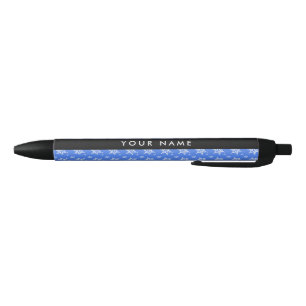 Stylo Noir Snowflakes blanc, Bleu, Votre nom, Personnaliser
