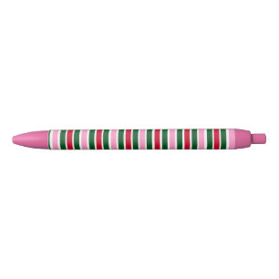 Stylo Noir Sucre de canne de Noël rayures en rose vert et rou