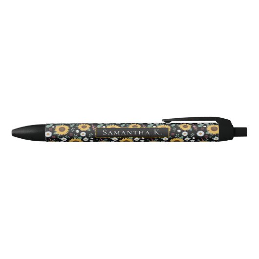 Stylo Noir Sunflowers Aquarelle Nom personnalisé (Haut)