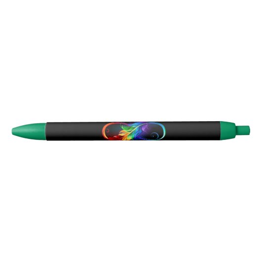 Stylo Noir Symbole d'infini avec plume arc-en-ciel (Devant)