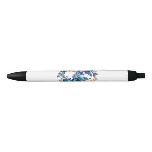 Stylo Noir Symbole infini de papillons Morpho bleus (Devant)