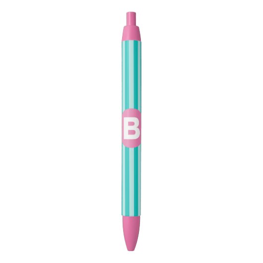 Stylo Noir Teal Blue Vertical Striped Pink Circle Monogram (devant Vertical)