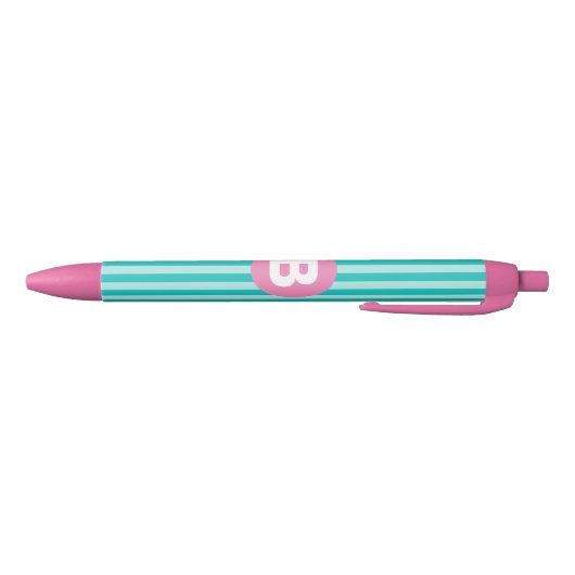 Stylo Noir Teal Blue Vertical Striped Pink Circle Monogram (Bas)
