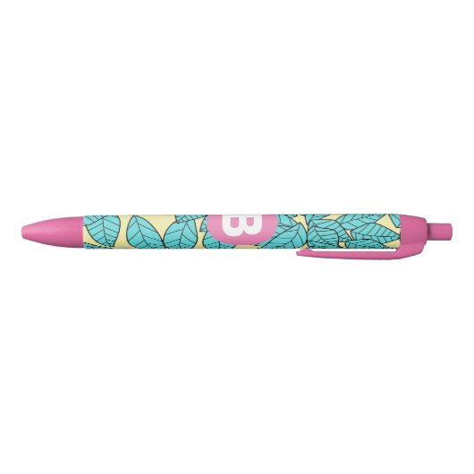 Stylo Noir Teal Leaves Botanical Pattern Bright Pink Monogram (Bas)