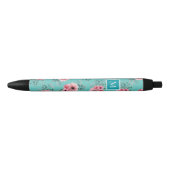 Stylo Noir Teal | Monogramme Floral Rose & Vert (Devant)