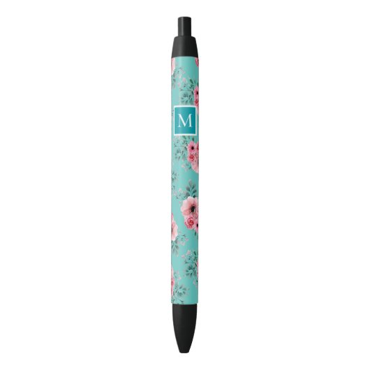 Stylo Noir Teal | Monogramme Floral Rose & Vert (devant Vertical)