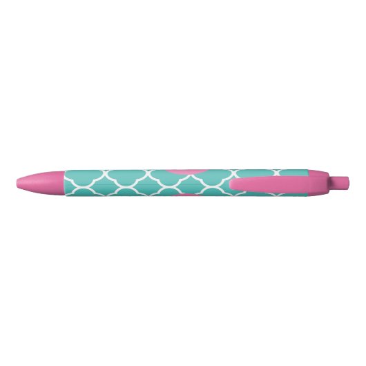Stylo Noir Teal Quatrefoil Pattern Custom Pink Monogram (Dos)