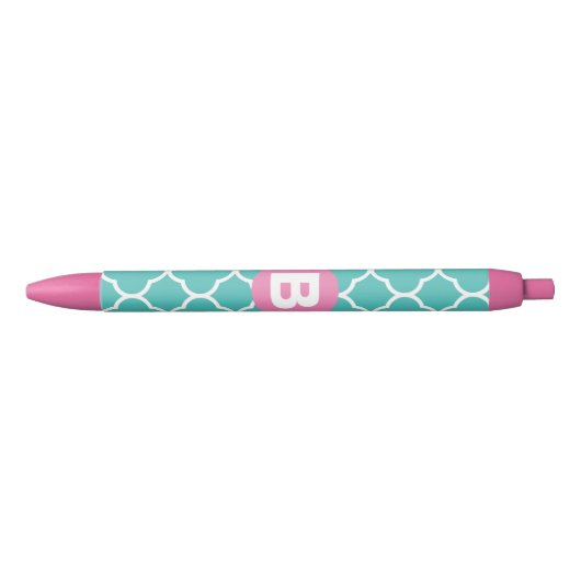 Stylo Noir Teal Quatrefoil Pattern Custom Pink Monogram (Devant)