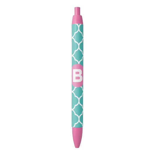Stylo Noir Teal Quatrefoil Pattern Custom Pink Monogram (devant Vertical)