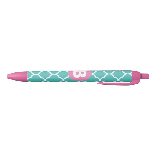 Stylo Noir Teal Quatrefoil Pattern Custom Pink Monogram (Bas)
